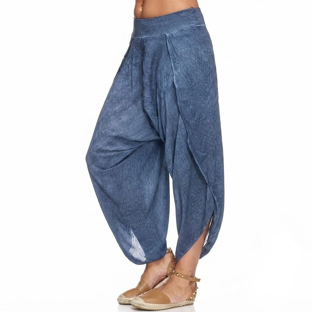 Harem Yoga Pants Womens Medium Blue Open Tulip Leg Drape Boho Gypsy Peasant Thai